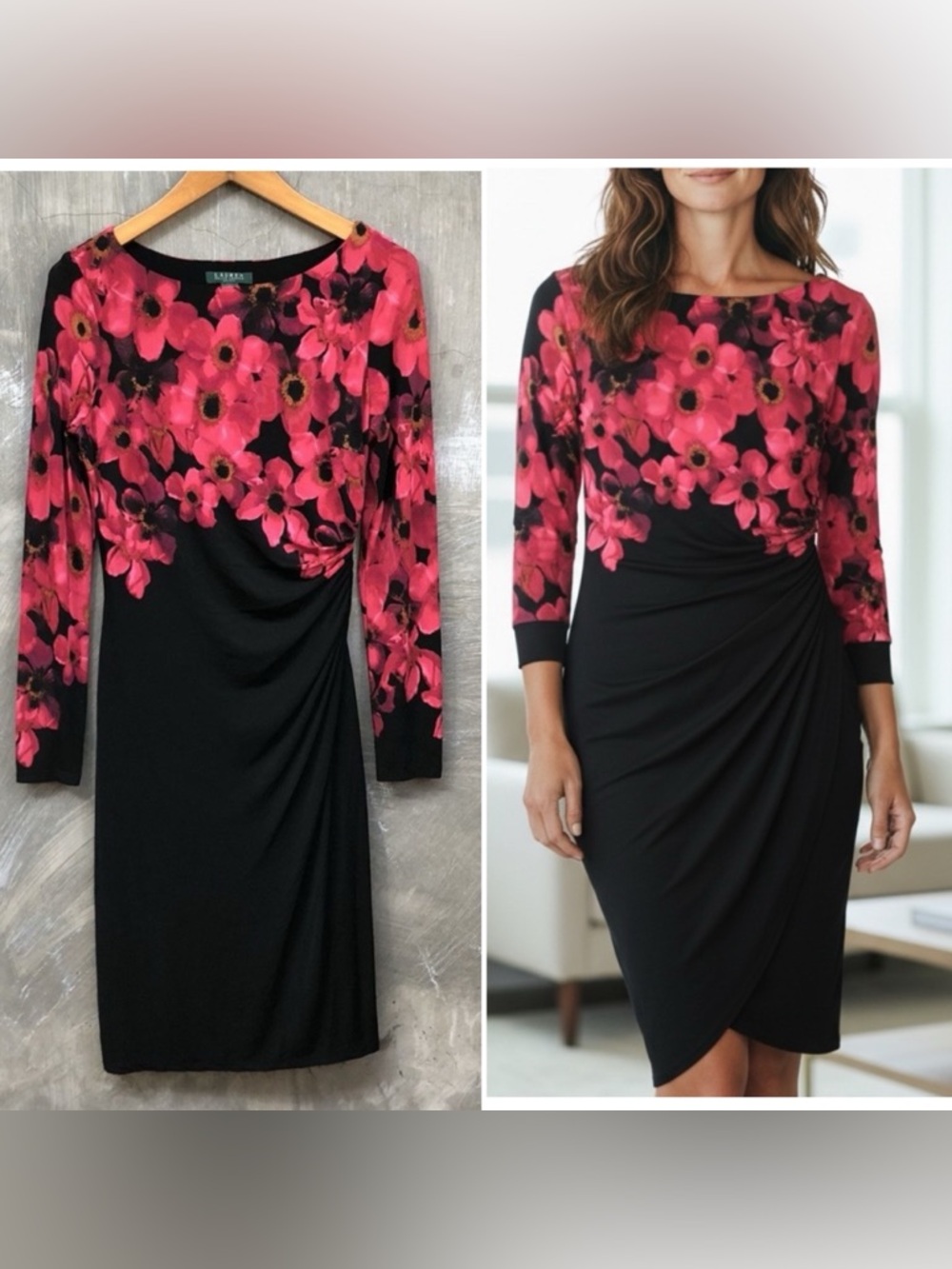 RALPH LAUREN FLORAL DRAPED DRESS. SIZE 6. BLACK RED LONG SLEEVE JERSEY PULL ON